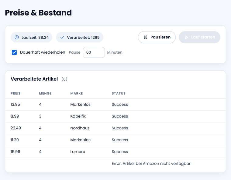 Geprüfte Angebote mit Beispieldaten: je Angebot Preis, Menge, Marke und Status, eines ist gerade nicht verfügbar.