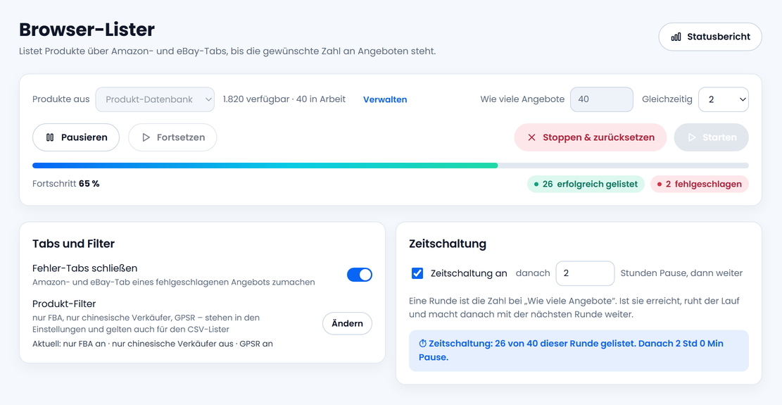 Der Browser-Lister mitten in einem Lauf: Fortschritt 65 Prozent, 26 erfolgreich gelistet, 2 fehlgeschlagen, Zeitschaltung an.