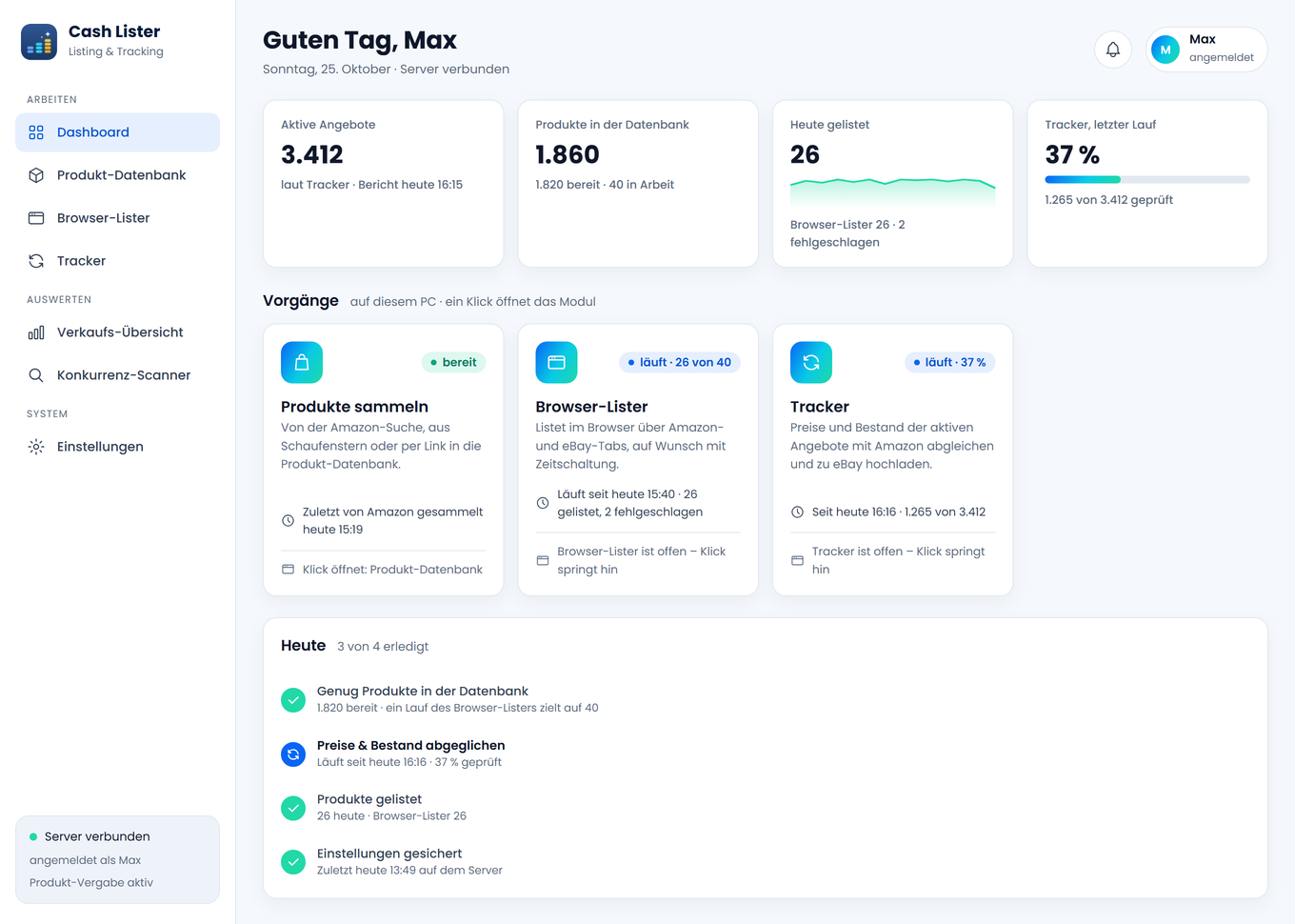 Das Dashboard von Cash Lister mit Beispieldaten: 3.412 aktive Angebote, 1.860 Produkte in der Datenbank, Browser-Lister und Tracker laufen gerade.