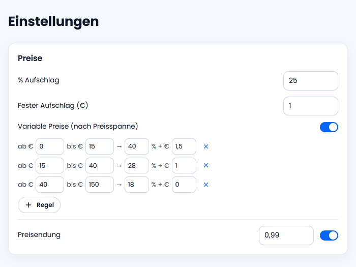 Preis-Einstellungen mit Beispielwerten: 25 Prozent und 1 Euro Aufschlag, drei Preisspannen, Preisendung 0,99.